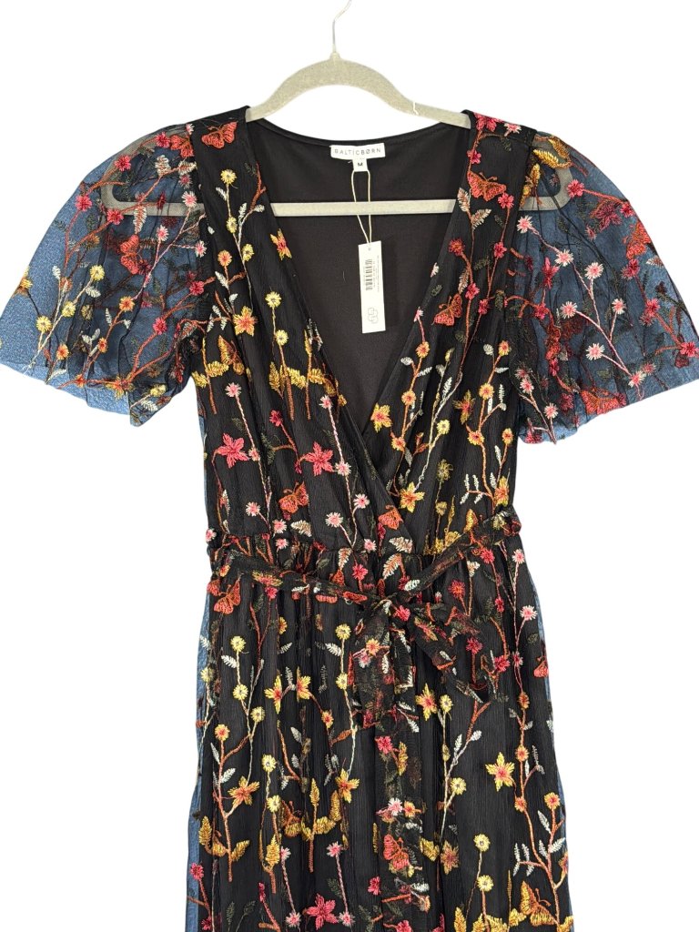 Nwt Baltic Born Black Maxi Dress With Pink And Gold Floral Embroidery M — image 3 of 8